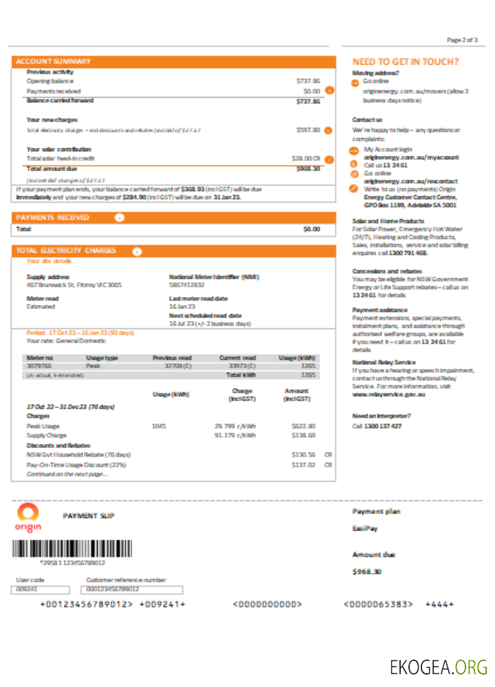 Nouvelle Galles du Sud (NSW) Facture commerciale du service public d'électricité d'origine, SCR, page 2
